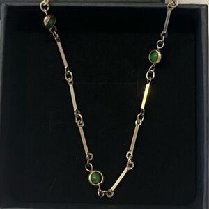 Vintage gold tone necklace with green accent beads. Long. Layer!  Gorgeous 18”